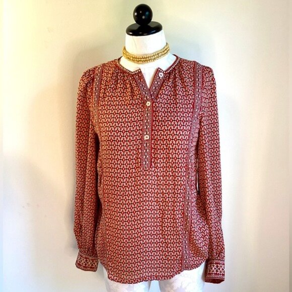 Max Studio Women's Red & Tan Dotted Long Sleeve Blouse 100% Polyester Size S - Picture 2 of 5